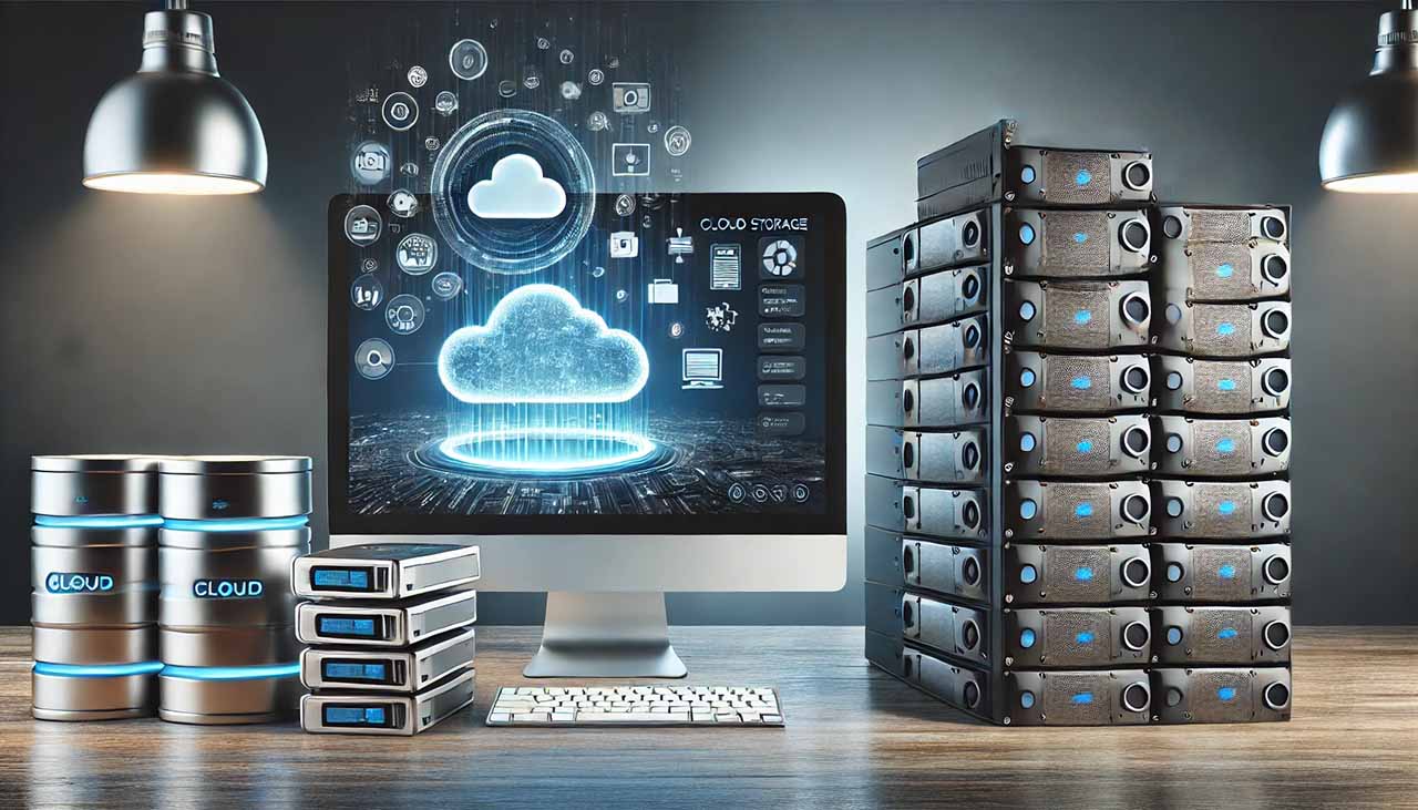 Billede af et bord med harddiske og backup løsninger. Samt en skærm med en Cloud backup løsning på.