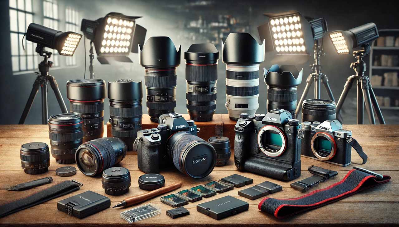 Billede af diverse fotogrej. Kameraer, objektiver og flashlys. Alt sammen noget der er vigtig for en bryllupsfotografs succes.